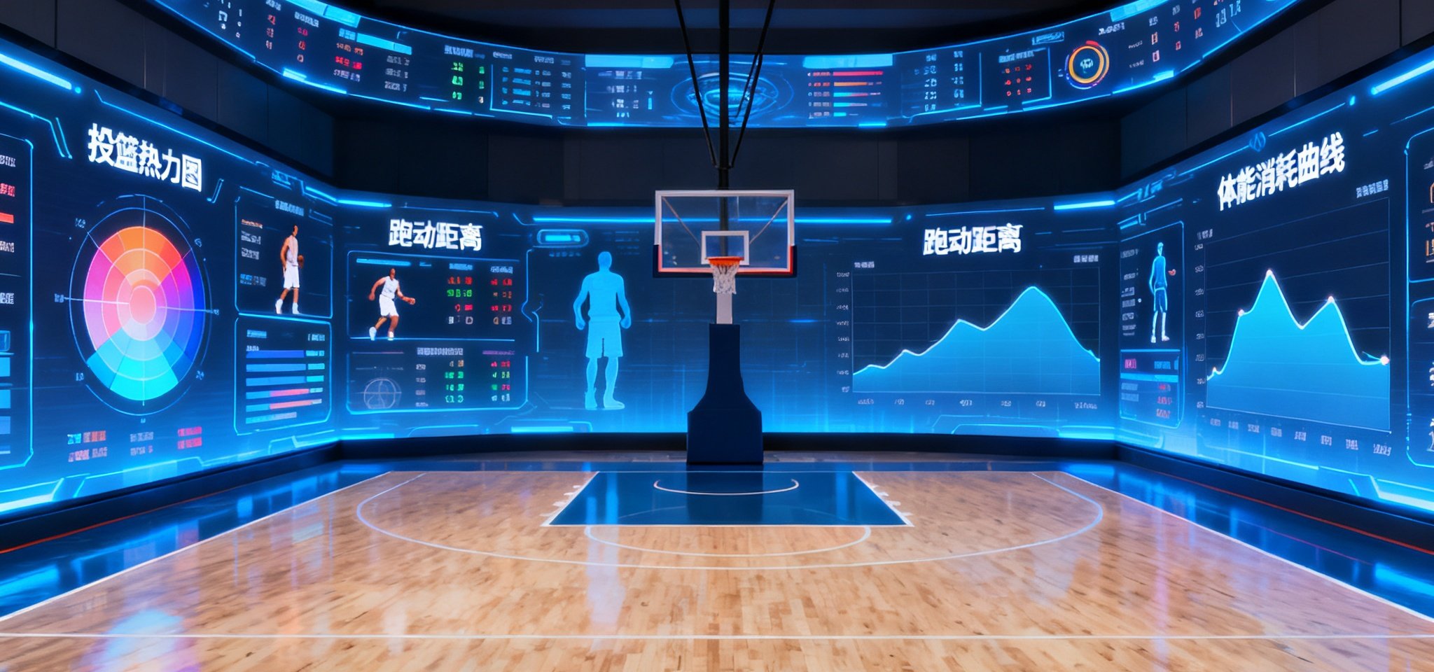 现代化篮球馆内部全景，环绕式数据大屏展示着球员实时技术统计，包括投篮热力图、跑动距离和体能消耗曲线，科技感十足的蓝色光效与球场木质地板形成对比